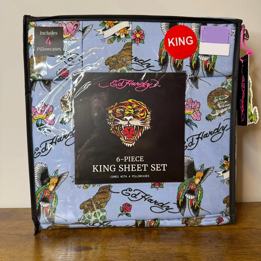 New Ed Hardy King 6 Pc Double Brushed Sheet Set Blue Bird Roses Bedding Y2K